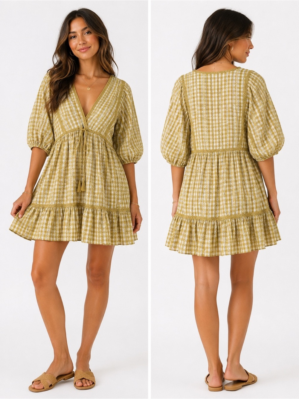 Max Studio Gingham Mini Dress M Yellow White Puff Sleeve Boho Tie Front Cotta